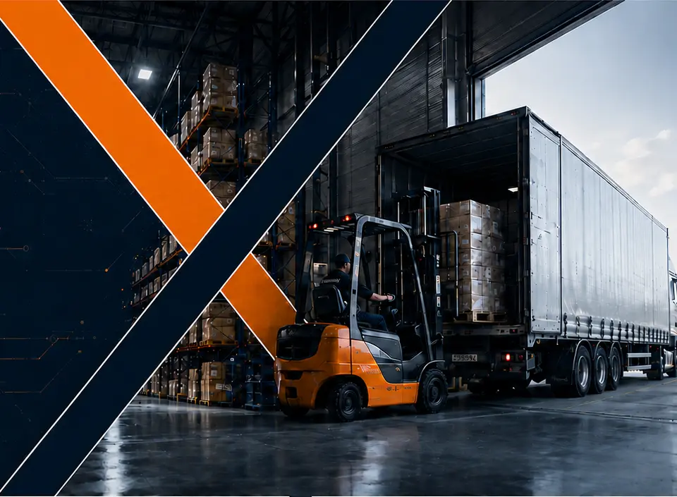 Wózek widłowy podczas załadunku pełnego transportu w magazynie